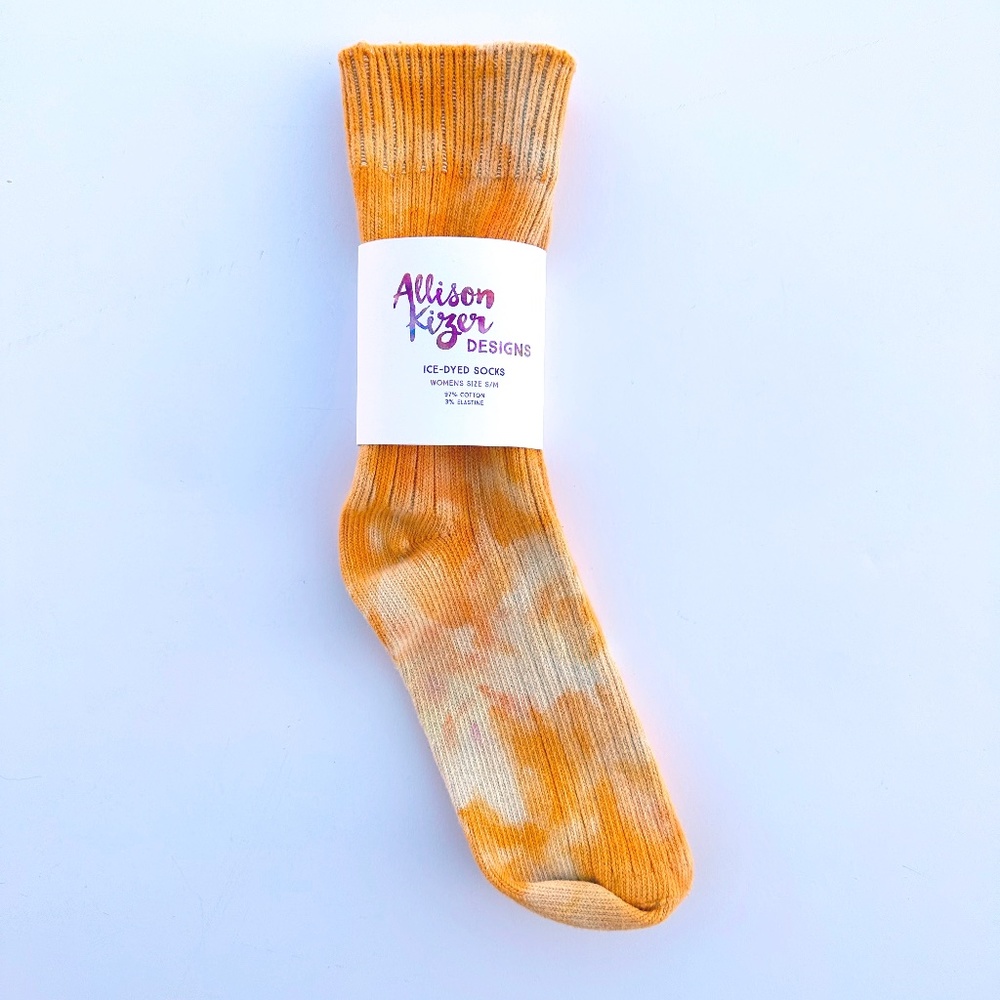 Hand Dyed Socks Orange Marigold Tie Dye Ice Dye Crew Socks Women's S/M
